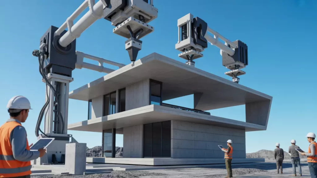 large 3D printer constructing a modern concrete house on site with workers supervising