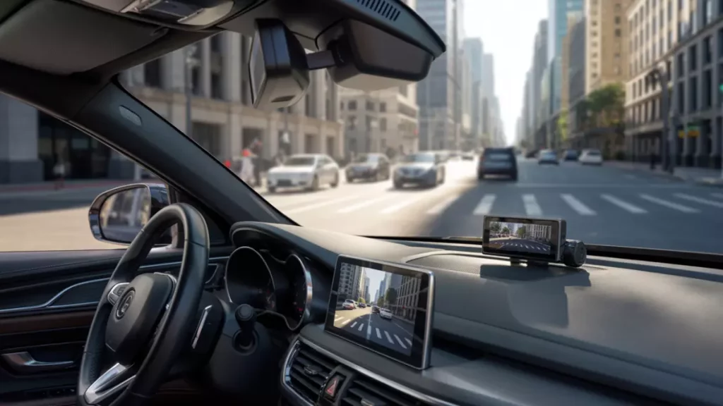 car interior with dashcam recording city traffic in HD quality