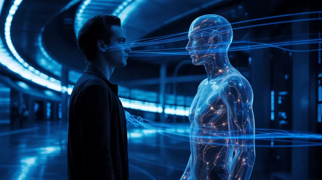 human and AI figure facing each other in a futuristic digital environment with blue neon light