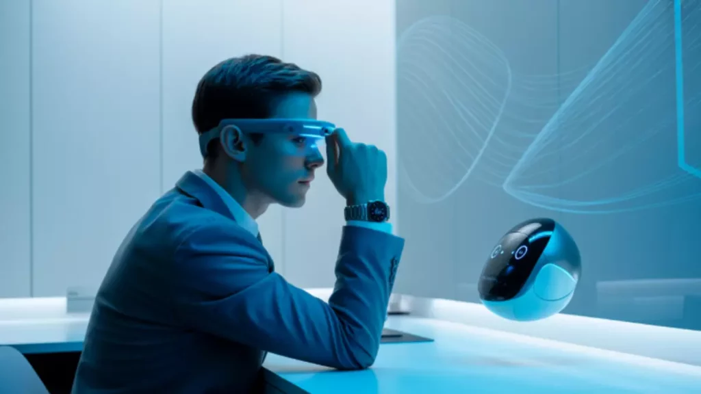 person exploring futuristic gadgets like smart glasses, foldable phone, smartwatch and AI home robot in a modern bright room